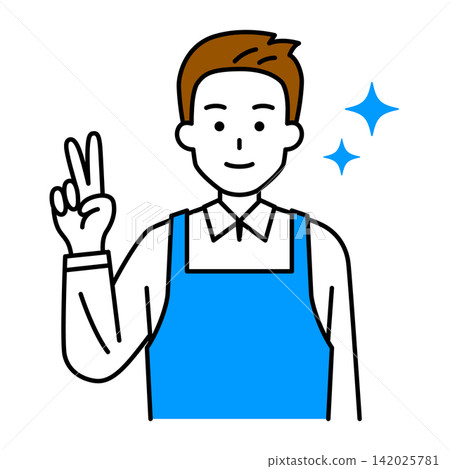 A man in an apron making a peace sign. A man in an apron making a peace sign. 142025781