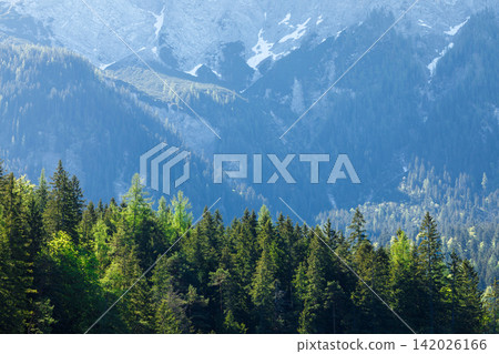 Travel landscape of Zugspitze Alps in Bavaria, Germany, scenic summer nature panorama with forest, snow mountains peak. Alpine landscape Travel landscape of Zugspitze Alps in Bavaria, Germany, scenic summer nature panorama with forest, snow mountains peak. Alpine landscape 142026166