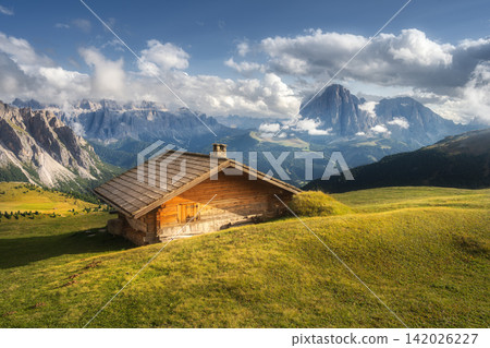 Wooden alpine cabin on green grass meadow hill in mountains Wooden alpine cabin on green grass meadow hill in mountains 142026227