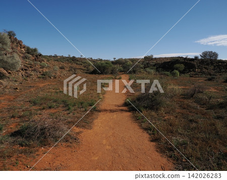 Red dirt roads around Silverton—a record of the outback natural landscape with its dry ground and sparse vegetation. Red dirt roads around Silverton—a record of the outback natural landscape with its dry ground and sparse vegetation. 142026283