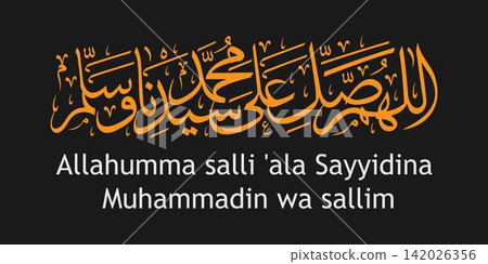 Golden Arabic calligraphy of Durood Shareef blessings upon Prophet Muhammad with English transliteration below on a dark grey background 142026356