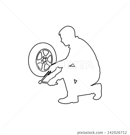mechanic outline icon man changing car tire with tools illustration mechanic outline icon man changing car tire with tools illustration 142026712