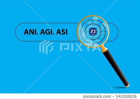 Magnifying glass focusing on artificial intelligence symbol. ANI, AGI and ASI Search Concept. Magnifying glass focusing on artificial intelligence symbol. ANI, AGI and ASI Search Concept. 142026826