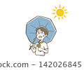 A man holding a parasol (and a handheld fan) 142026845