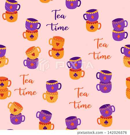 Tea time. Sets of cups with card suits seamless pattern. Alice in Wonderland Fairy Tale Tea time. Sets of cups with card suits seamless pattern. Alice in Wonderland Fairy Tale 142026876