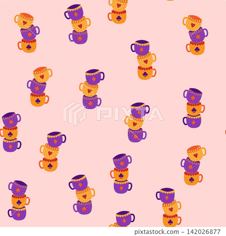 Tea time. Sets of cups with card suits seamless pattern. Alice in Wonderland Fairy Tale Tea time. Sets of cups with card suits seamless pattern. Alice in Wonderland Fairy Tale 142026877