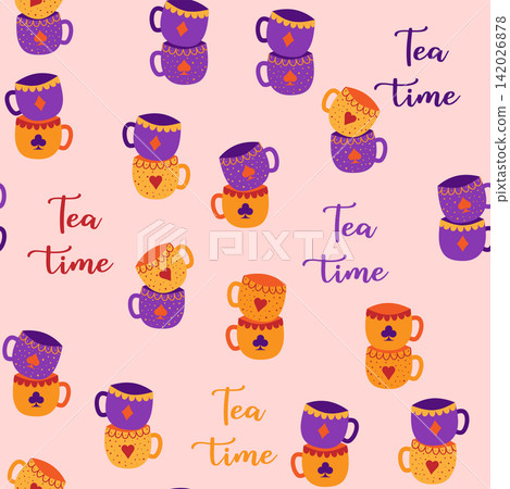 Tea time. Sets of cups with card suits seamless pattern. Alice in Wonderland Fairy Tale Tea time. Sets of cups with card suits seamless pattern. Alice in Wonderland Fairy Tale 142026878