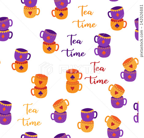 Tea time. Sets of cups with card suits seamless pattern. Alice in Wonderland Fairy Tale Tea time. Sets of cups with card suits seamless pattern. Alice in Wonderland Fairy Tale 142026881