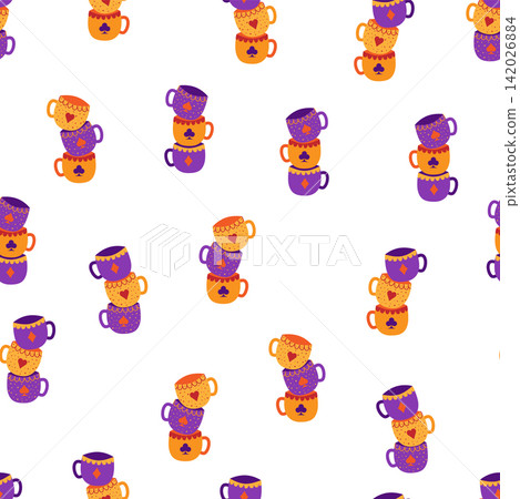Tea time. Sets of cups with card suits seamless pattern. Alice in Wonderland Fairy Tale Tea time. Sets of cups with card suits seamless pattern. Alice in Wonderland Fairy Tale 142026884