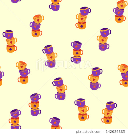 Tea time. Sets of cups with card suits seamless pattern. Alice in Wonderland Fairy Tale Tea time. Sets of cups with card suits seamless pattern. Alice in Wonderland Fairy Tale 142026885