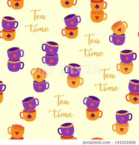 Tea time. Sets of cups with card suits seamless pattern. Alice in Wonderland Fairy Tale 142026886