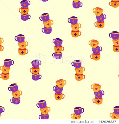 Tea time. Sets of cups with card suits seamless pattern. Alice in Wonderland Fairy Tale Tea time. Sets of cups with card suits seamless pattern. Alice in Wonderland Fairy Tale 142026887