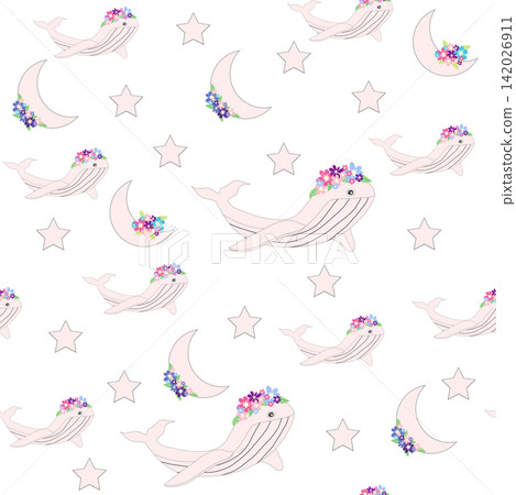 Children's print for newborns with sea animals. Animal in a wreath among the stars and crescent moon. Blue sea baby pattern Children's print for newborns with sea animals. Animal in a wreath among the stars and crescent moon. Blue sea baby pattern 142026911