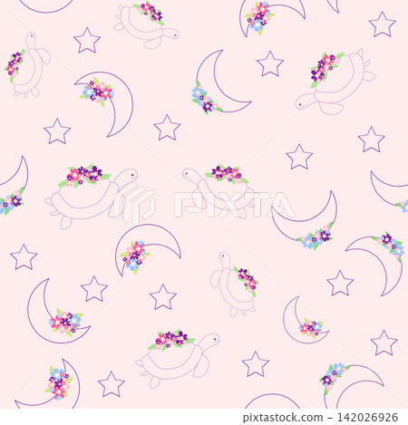 Children's print for newborns with sea animals. Animal in a wreath among the stars and crescent moon. Blue sea baby pattern Children's print for newborns with sea animals. Animal in a wreath among the stars and crescent moon. Blue sea baby pattern 142026926