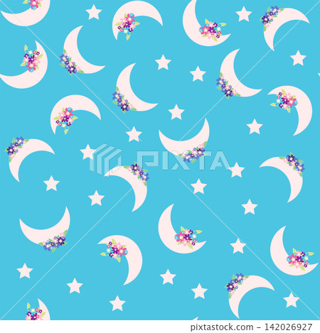 Children's print for newborns with sea animals. Animal in a wreath among the stars and crescent moon. Blue sea baby pattern Children's print for newborns with sea animals. Animal in a wreath among the stars and crescent moon. Blue sea baby pattern 142026927