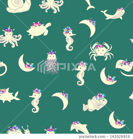 Children's print for newborns with sea animals. Animal in a wreath among the stars and crescent moon. Blue sea baby pattern Children's print for newborns with sea animals. Animal in a wreath among the stars and crescent moon. Blue sea baby pattern 142026928