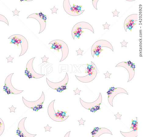 Children's print for newborns with sea animals. Animal in a wreath among the stars and crescent moon. Blue sea baby pattern Children's print for newborns with sea animals. Animal in a wreath among the stars and crescent moon. Blue sea baby pattern 142026929