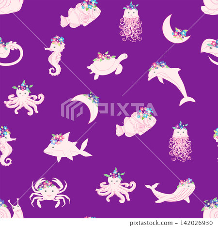 Children's print for newborns with sea animals. Animal in a wreath among the stars and crescent moon. Blue sea baby pattern Children's print for newborns with sea animals. Animal in a wreath among the stars and crescent moon. Blue sea baby pattern 142026930