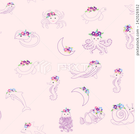 Children's print for newborns with sea animals. Animal in a wreath among the stars and crescent moon. Blue sea baby pattern Children's print for newborns with sea animals. Animal in a wreath among the stars and crescent moon. Blue sea baby pattern 142026932
