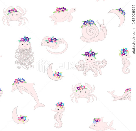 Children's print for newborns with sea animals. Animal in a wreath among the stars and crescent moon. Blue sea baby pattern Children's print for newborns with sea animals. Animal in a wreath among the stars and crescent moon. Blue sea baby pattern 142026935