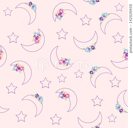 Children's print for newborns with sea animals. Animal in a wreath among the stars and crescent moon. Blue sea baby pattern Children's print for newborns with sea animals. Animal in a wreath among the stars and crescent moon. Blue sea baby pattern 142026938
