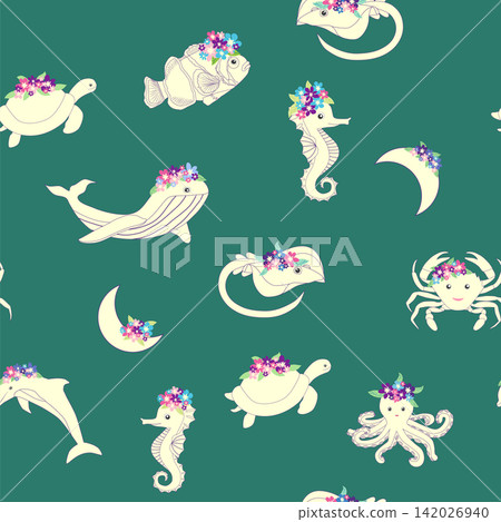 Children's print for newborns with sea animals. Animal in a wreath among the stars and crescent moon. Blue sea baby pattern Children's print for newborns with sea animals. Animal in a wreath among the stars and crescent moon. Blue sea baby pattern 142026940