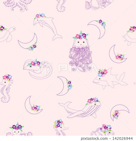 Children's print for newborns with sea animals. Animal in a wreath among the stars and crescent moon. Blue sea baby pattern 142026944