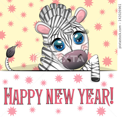 New Year s card with cute animal and inscription. Cartoon style, big eyes zebra New Year s card with cute animal and inscription. Cartoon style, big eyes zebra 142026961