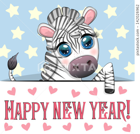 New Year s card with cute animal and inscription. Cartoon style, big eyes zebra New Year s card with cute animal and inscription. Cartoon style, big eyes zebra 142026962