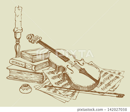 Vector still life of a violin, books and pages with notes Vector still life of a violin, books and pages with notes 142027038