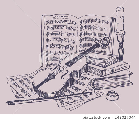 Vector still life. Violin with books, notes and candlestick Vector still life. Violin with books, notes and candlestick 142027044
