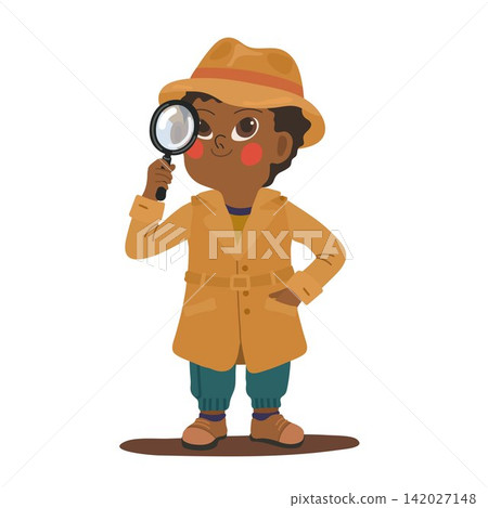 Child detective with magnifying glass and brown coat vector character isolated on white Child detective with magnifying glass and brown coat vector character isolated on white 142027148