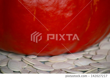 Macro shot of bright orange pumpkin texture resting on white seeds Macro shot of bright orange pumpkin texture resting on white seeds 142027217