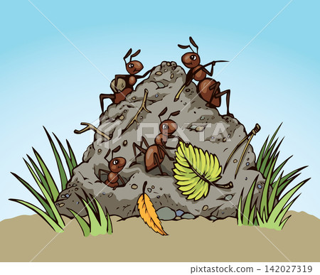 Ants in the anthill. Vector drawing 142027319