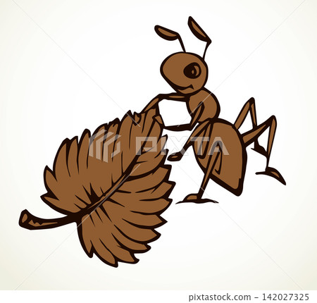The ant is pulling a leaf. Vector drawing The ant is pulling a leaf. Vector drawing 142027325