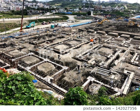 A panoramic view of the foundation work from a hilltop. A panoramic view of the foundation work from a hilltop. 142027356
