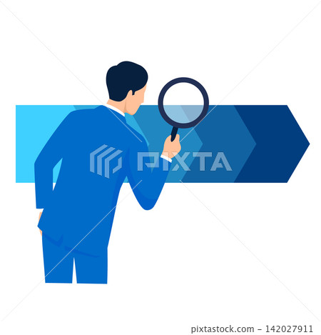An illustration of a businessman examining and analyzing a business process with a magnifying glass. An illustration of a businessman examining and analyzing a business process with a magnifying glass. 142027911
