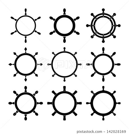 Ship Wheel Frame Set, Vector Illustration. Nine Nautical Helm Borders and Circular Marine Frames for Logo, Badge, Monogram, Label, Yacht Club, Sailing, Maritime Branding and Coastal Emblem Ship Wheel Frame Set, Vector Illustration. Nine Nautical Helm Borders and Circular Marine Frames for Logo, Badge, Monogram, Label, Yacht Club, Sailing, Maritime Branding and Coastal Emblem 142028169
