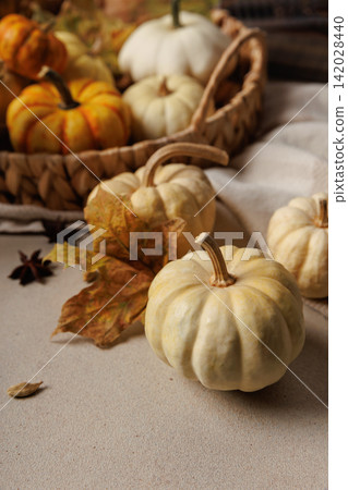 Closeup of white pumpkins and dry leaves in autumn setting.. Closeup of white pumpkins and dry leaves in autumn setting.. 142028440