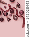 Festive Background with Glitter Baubles and Ribbon 142028443