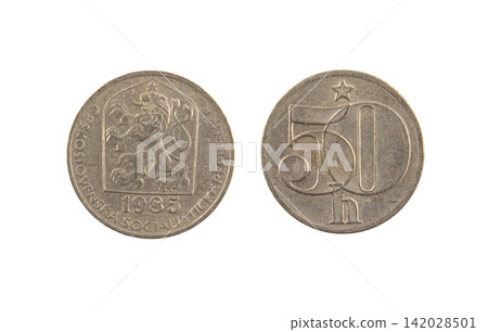 View of both sides of a haleru coin from the Czechoslovak Socialist Republic dated 1985 on a white background View of both sides of a haleru coin from the Czechoslovak Socialist Republic dated 1985 on a white background 142028501