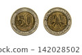 Both sides of a Russian bimetallic coin from the Bank of Russia showing 50 rubles in clear detail 142028502