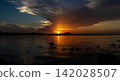Panoramic sunset view of a partial solar eclipse 2026 over the Mediterranean Sea in Denia at dusk with clouds illuminated by golden light 142028507