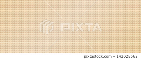 Wafer cone texture, vanilla waffle pattern. Creamy biscuit surface for cake, sweet candy crispy cookie. Waffel snack abstract banner. Wallpaper realistic 3d square shape, golden light bakery bg 142028562