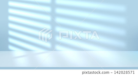 3d blue clean bg, studio window blinds backdrop for light beauty podium limbo. Plain wall and empty office desk, abstract elegant stage by jalousie gobo. Summer sunlight room with luxury shadow scene 3d blue clean bg, studio window blinds backdrop for light beauty podium limbo. Plain wall and empty office desk, abstract elegant stage by jalousie gobo. Summer sunlight room with luxury shadow scene 142028571
