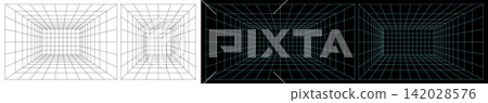3D floor space grid background. Game wireframe pattern in abstract retro digital style. Square frame texture, vector room. Black tunnel technology, cyber mesh metaverse. Cubic depth synthwave network 3D floor space grid background. Game wireframe pattern in abstract retro digital style. Square frame texture, vector room. Black tunnel technology, cyber mesh metaverse. Cubic depth synthwave network 142028576