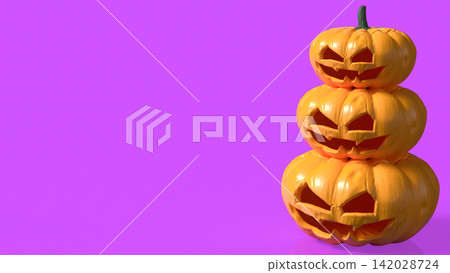 Stacked Spooky Jack O Lantern Pumpkins on Vibrant Pink Background 3d render. Stacked Spooky Jack O Lantern Pumpkins on Vibrant Pink Background 3d render. 142028724