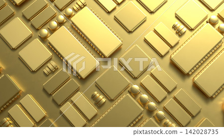 Golden Computer Circuit Board with Futuristic Microchip Technology 3d render. Golden Computer Circuit Board with Futuristic Microchip Technology 3d render. 142028735