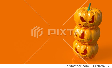 Stacked Scary Halloween Pumpkins on Bright Orange Background 3d render. 142028737