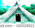 Ancient architecture surrounded by greenery and pit dwellings with thatched roofs. 142028923